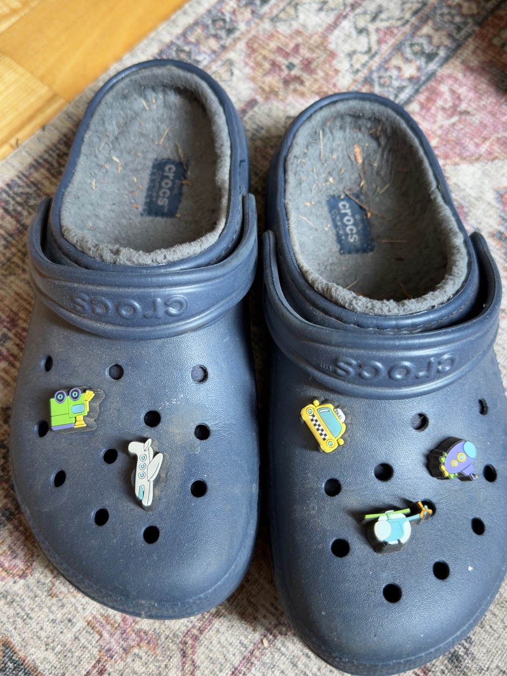 CROCS Kids Navy Blue Fuzzy-Lined Clogs with Vehicle Jibbitz